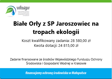 Baner - Białe Orły z SP Jaroszowiec na tropach ekologii Koszt kwalifikowany zadania: 28 58000 zł  Kwota dotacji: 24 81500 zł